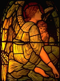 Stained glass representation of an angel with a little child