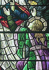 Detail from a stained glass window by Henry Holiday showing Mary Magdalene reaching for the Risen Jesus after the Resurrection