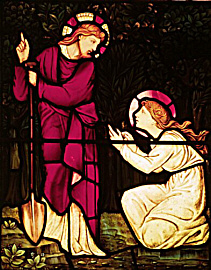 Detail from a stained glass window by William Morris showing Mary Magdalene mistaking Jesus for a gardener
